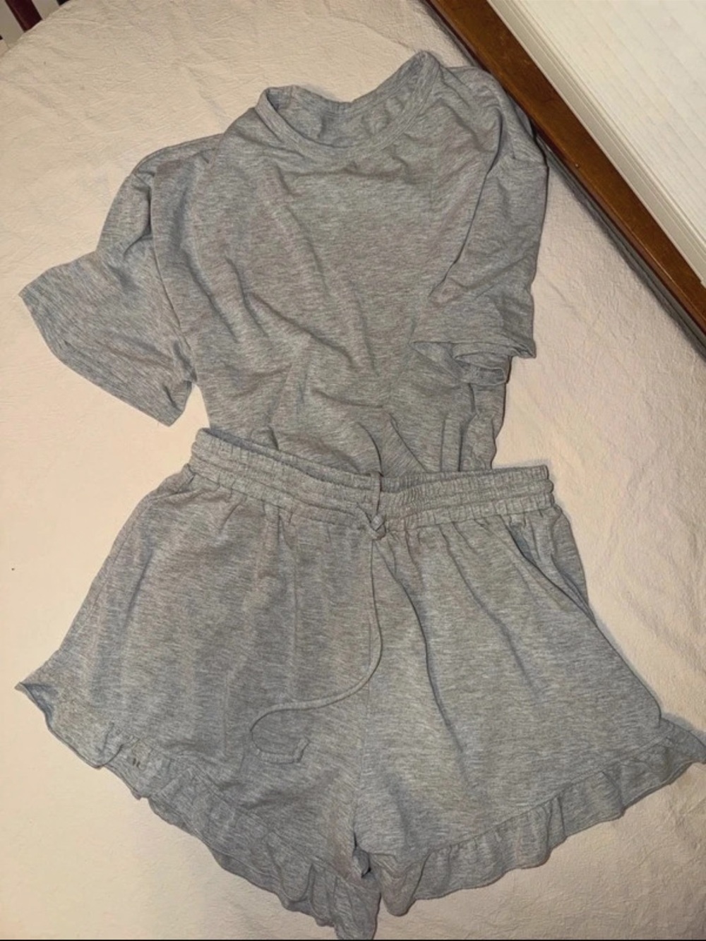 SHEIN Heather Gray Short Sleeve Lounge Top & Ruffle Hem Shorts